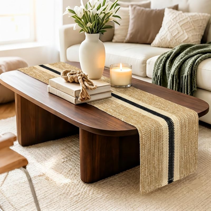 72-Inch Brown Paper Woven Table Runner - Rustic Burlap Style, Variation: Black Striped