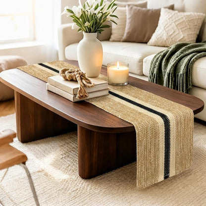 72-Inch Brown Paper Woven Table Runner - Rustic Burlap Style, Variation: Black Striped