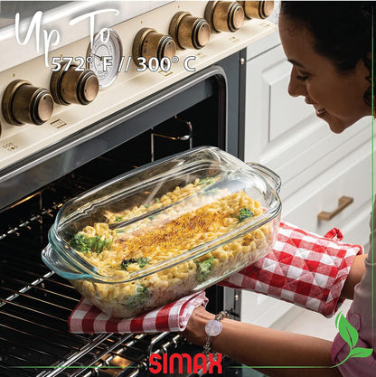 Simax Glass Casserole Dish - Clear Round Baking Dish with Lid & Handles | 3 Quart Capacity, Oven Safe