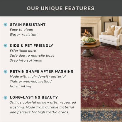 Vintage Burgundy Boho Dining Room Rug - Lightweight Washable 6x9 Low Pile Carpet | Southwestern Aesthetic