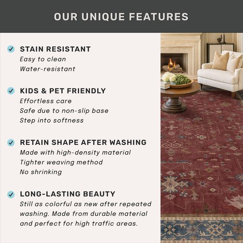 Hazo Haus Moroccan Big Rugs for Living Room - Dark Red 10x14 Area Rug for Large Bedroom, Dining Room, Washable Lightweight Low Pile Foldable Oriental Burgendy Home Décor