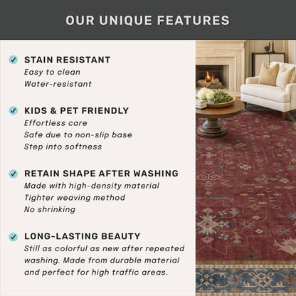 Hazo Haus Moroccan Big Rugs for Living Room - Dark Red 10x14 Area Rug for Large Bedroom, Dining Room, Washable Lightweight Low Pile Foldable Oriental Burgendy Home Décor