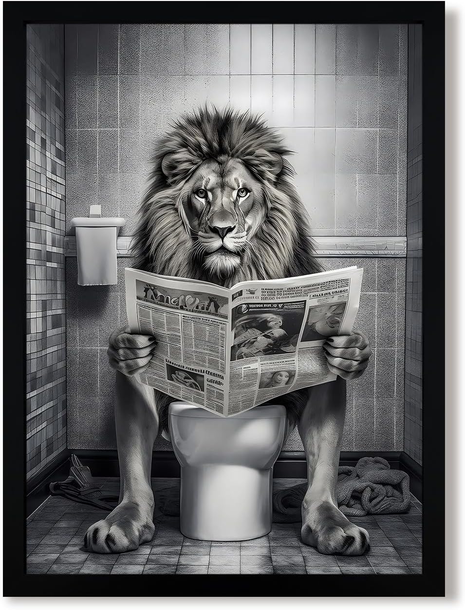 URMOYA Majesty Lion Bathroom Wall Art - Funny Canvas Print of Lion Reading Newspaper | 12x16 Inch Framed Decor