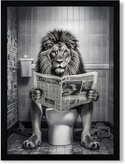 URMOYA Majesty Lion Bathroom Wall Art - Funny Canvas Print of Lion Reading Newspaper | 12x16 Inch Framed Decor