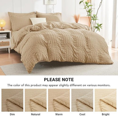 HYMOKEGE Twin Comforter Set - All Season Luxury 5-Piece Seersucker Bedding in Khaki