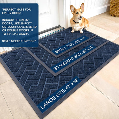 OLANLY Waterproof Front Door Mat - All-Season Indoor/Outdoor Doormat | Sturdy Natural Rubber, Herringbone Brick (Blue, 47x23)