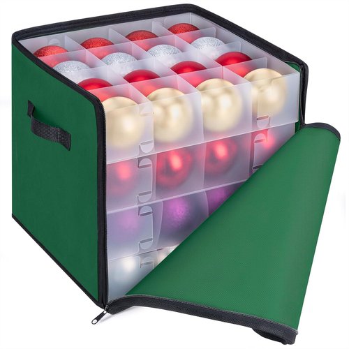BALEINE Christmas Ornament Storage Box - Premium Holiday Container with Dividers for 64 Balls - Green
