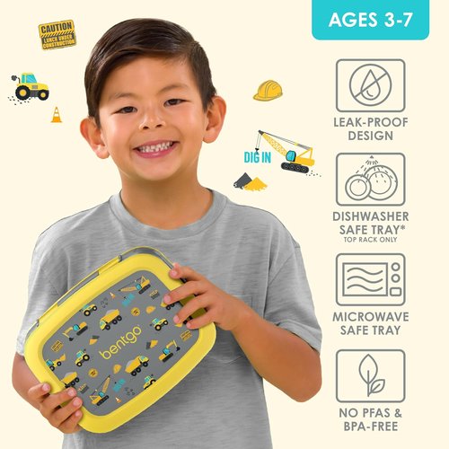 Bentgo Kids Prints Bento-Style Lunch Box - Leak-Proof, 5 Compartments, Durable & Dishwasher Safe (Construction Trucks)