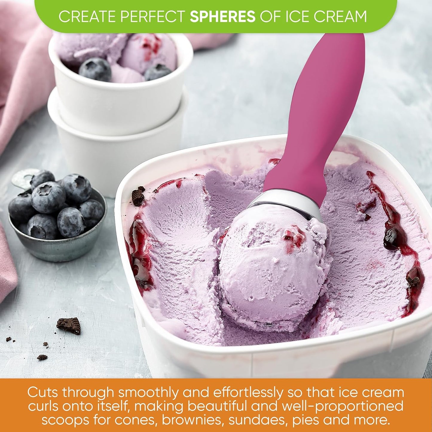 Spring Chef Heavy Duty Ice Cream Scoop - Non-Slip Handle for Gelato, Sorbet & More | Dishwasher Safe - Magenta
