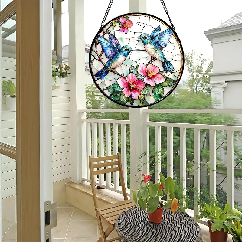 Blue White Hummingbird Stained Glass Suncatcher 15 in - Variation Blue Pink + 15x15 IN