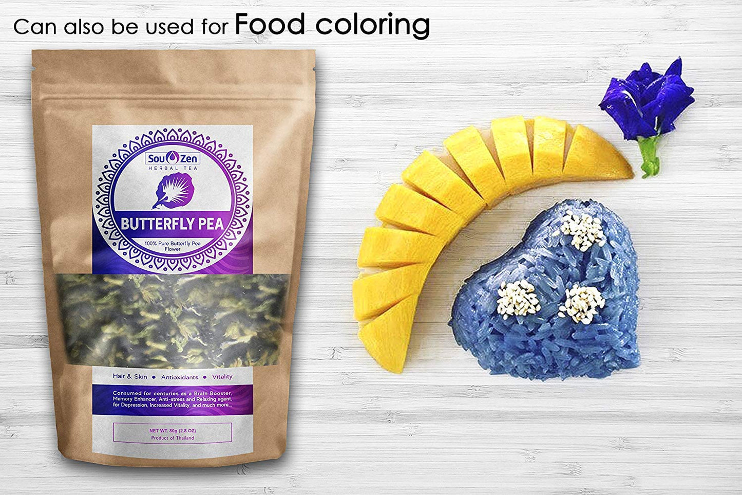 Sou Zen Butterfly Pea Flowers (80 g) Dried Tea Leaves | Natural, Raw Drink Mix w/Antioxidants, Organic Nootropics | Promotes Relaxing Calm, Stress Relief | Thai Herbal