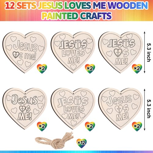 Anglechic 12 Sets Easter Christian Crafts Jesus Loves Me Wood Craft Religious Wooden Heart DIY Activities for Easter Sunday School VBS DIY Gift Activity