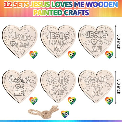 Anglechic 12 Sets Easter Christian Crafts Jesus Loves Me Wood Craft Religious Wooden Heart DIY Activities for Easter Sunday School VBS DIY Gift Activity