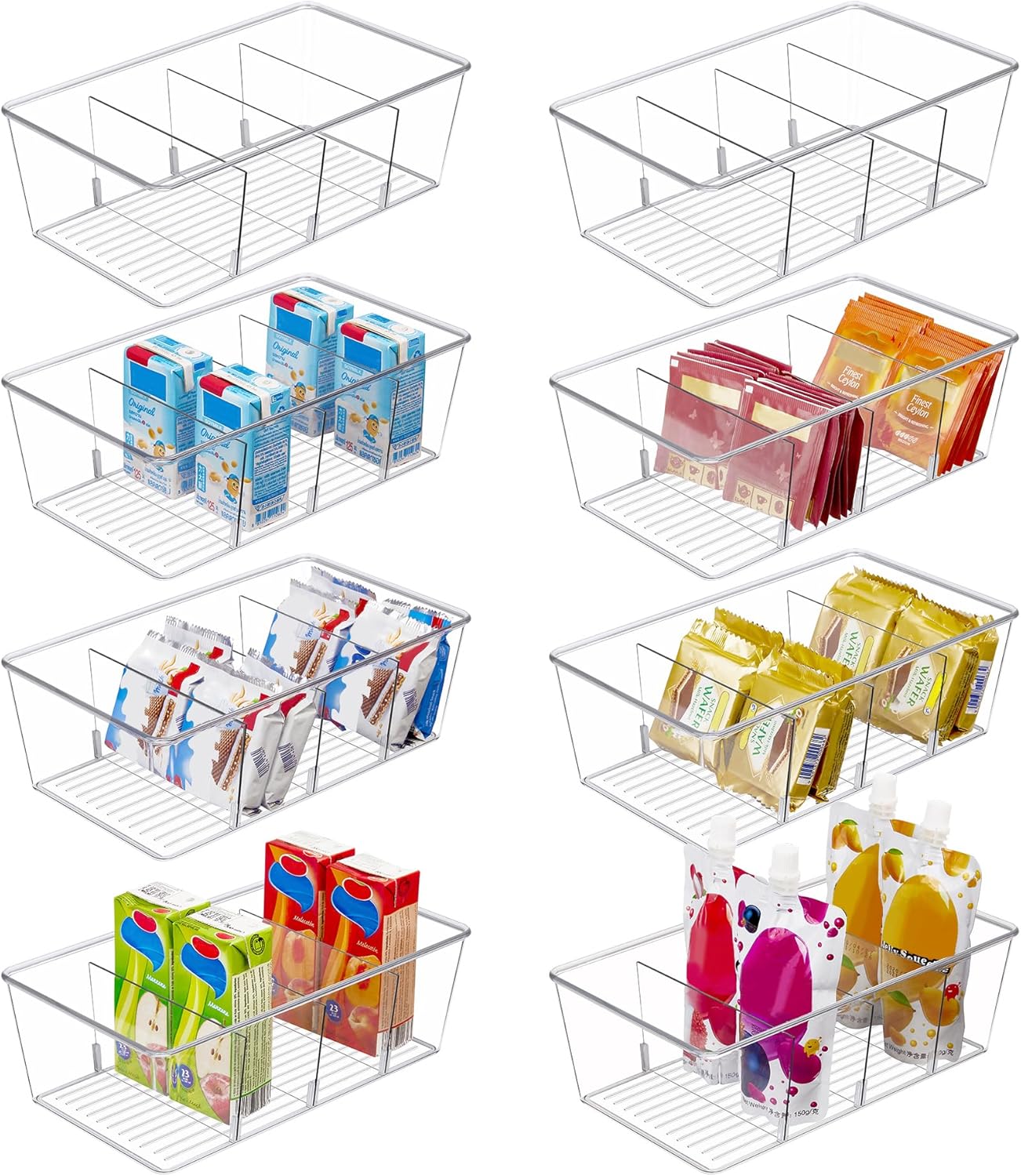 Vtopmart Food Storage Organizer Bins - 8 Pack Clear Plastic for Pantry, Kitchen & Fridge | 4 Compartment Design