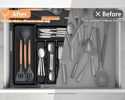 Spaclear Silverware Organizer - Expandable Kitchen Utensil Tray | Adjustable BPA-Free Cutlery Storage, Black