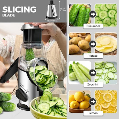 Airpro Rotary Cheese Grater - Versatile Vegetable Shredder with 3 Stainless Steel Blades & Suction Base