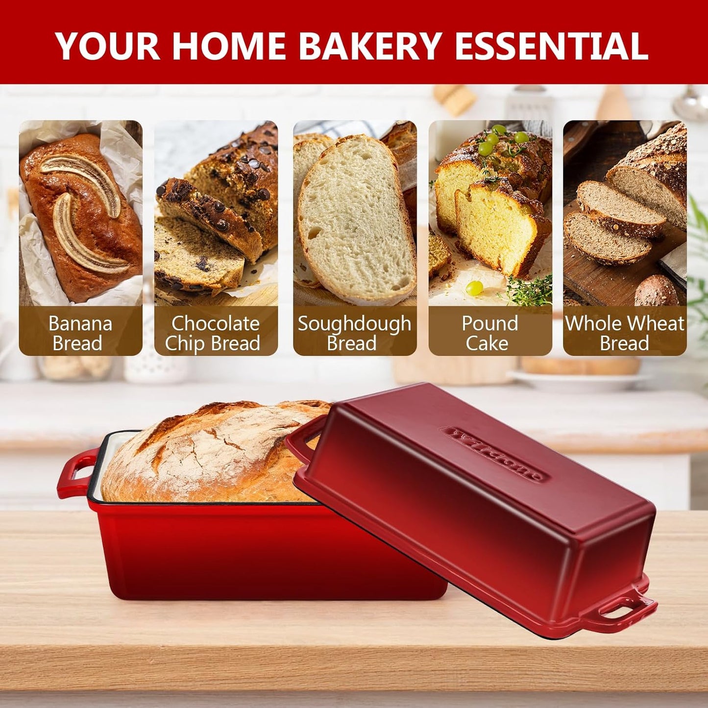Wildone Enameled Cast Iron Bread Loaf Pan - 9x5 Sourdough Baking Set with Lid, Even Heating, Red