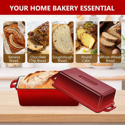 Wildone Enameled Cast Iron Bread Loaf Pan - 9x5 Sourdough Baking Set with Lid, Even Heating, Red