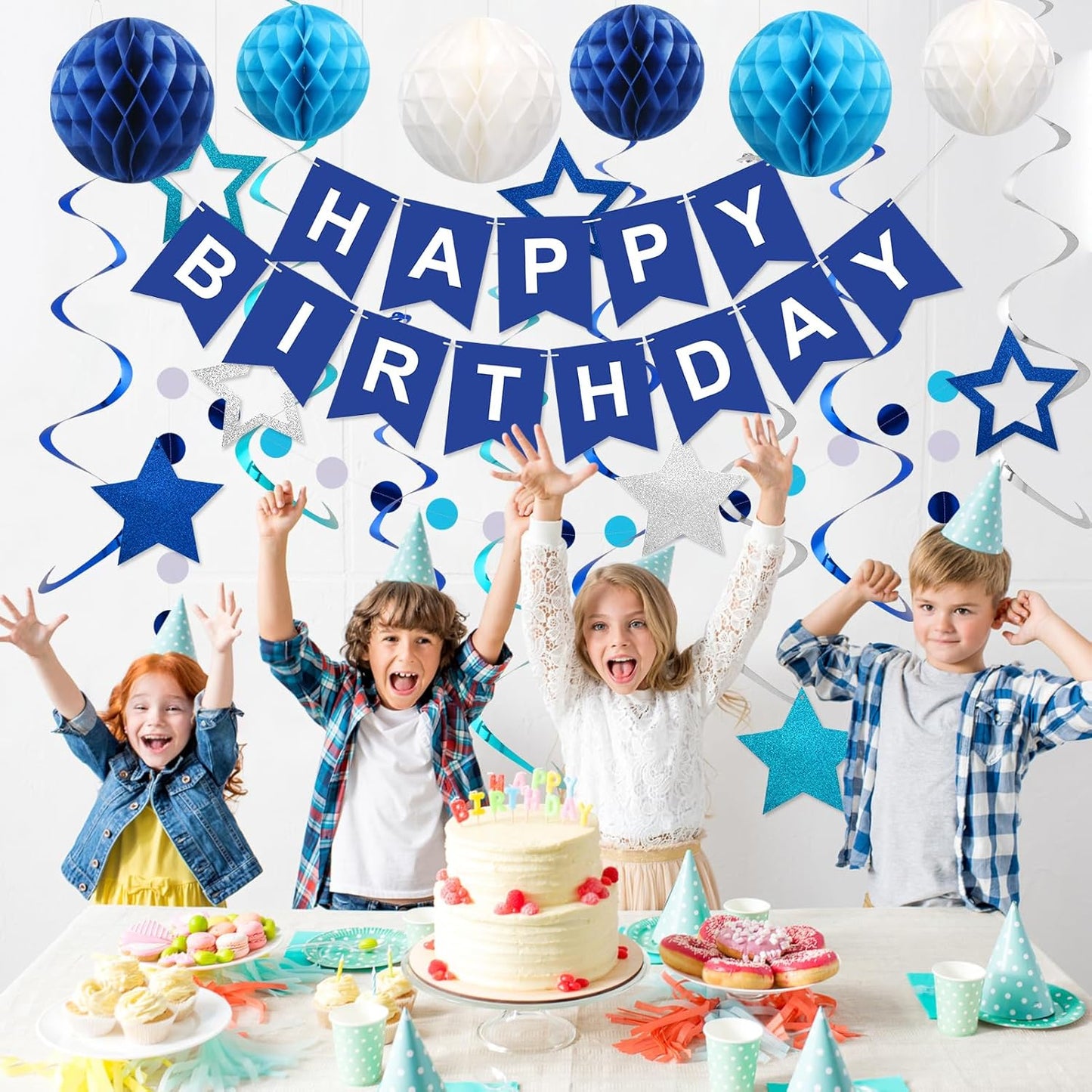 Meowtastic Birthday Decorations - Happy Birthday Banner with Honeycomb Balls & Swirl Streamers | Blue