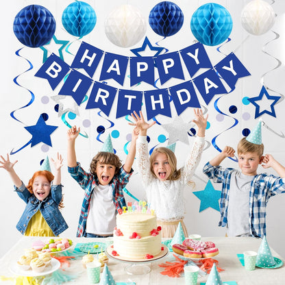 Meowtastic Birthday Decorations - Happy Birthday Banner with Honeycomb Balls & Swirl Streamers | Blue