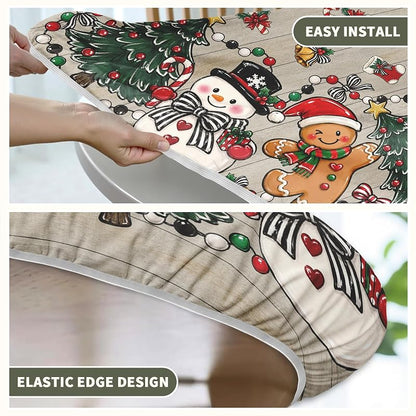 Christmas Snowman Fitted Tablecloth 40-44 Inch, Elastic Edge, Round Xmas Gingerbread Man