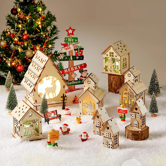 Skiennix 29-Piece Christmas Village Set - Lighted Wooden Houses with Miniature Trees & Ornaments