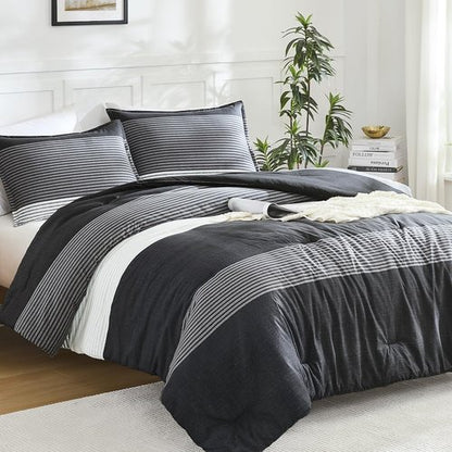 Litanika Queen Comforter Set - Lightweight Black, White & Grey 3-Piece Down Alternative Bedding