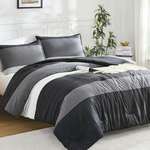 Litanika Queen Comforter Set - Lightweight Black, White & Grey 3-Piece Down Alternative Bedding