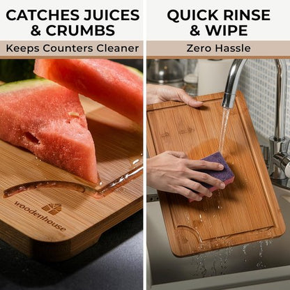 Bamboo Wood Cutting Board Set by Skiennix - Sturdy & Easy to Clean | 3 Sizes with Juice Grooves for Kitchen Use