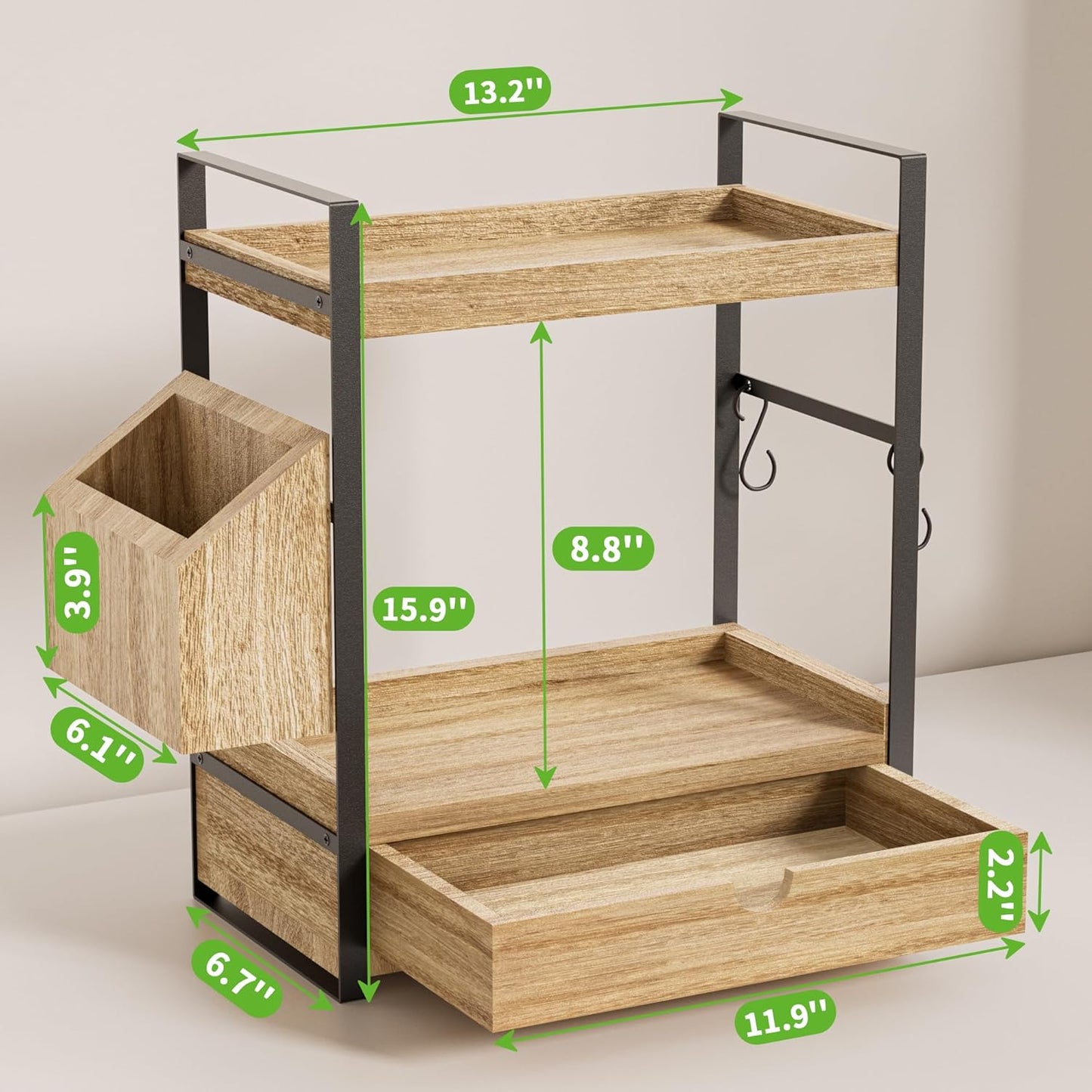 Skiennix 2-Tier Bathroom Counter Organizer - Wood Vanity Storage with Drawer & Basket