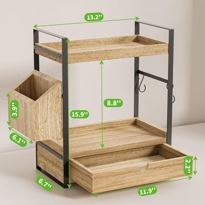 Skiennix 2-Tier Bathroom Counter Organizer - Wood Vanity Storage with Drawer & Basket
