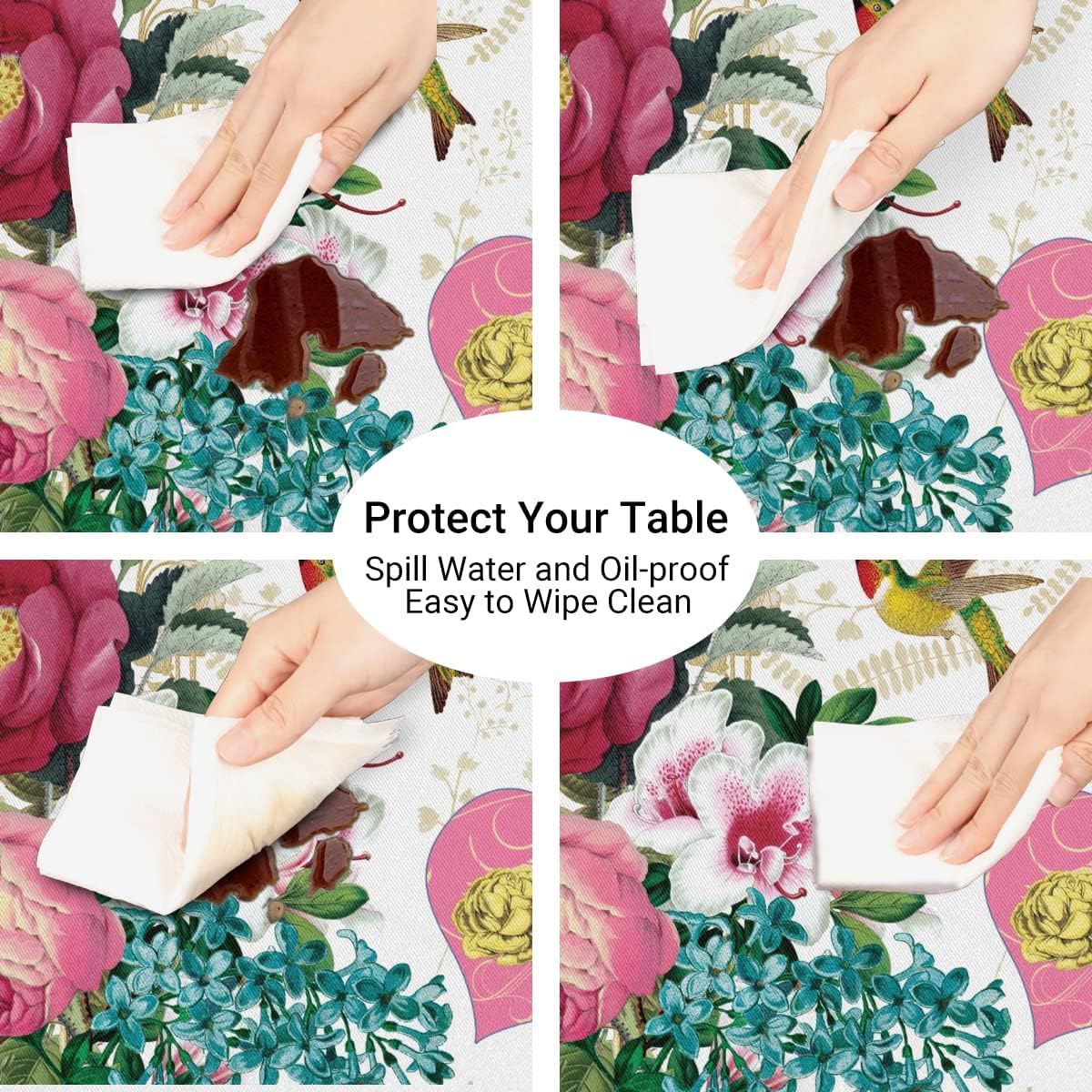 Skiennix Spring Flower Round Tablecloth - Elastic Edge, Washable Polyester for 45-50" Tables | Retro Floral Design
