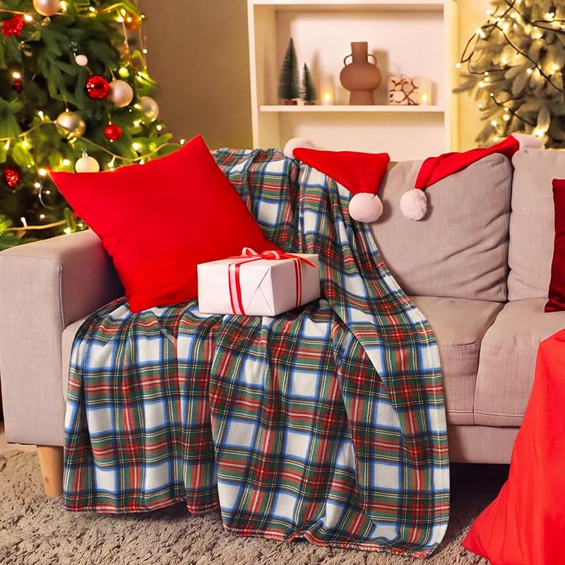 Christmas Tartan Plaid Throw Blanket 50x60 in - Double Sided Flannel, White