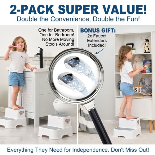 2-Pack Step Stool for Kids with Faucet Extender & Duck Toys - Non-Slip Toddler Stool for Bathroom Sink, Potty Training & Kitchen - Heavy Duty 200lbs Foot Stool for Adults (Grey)