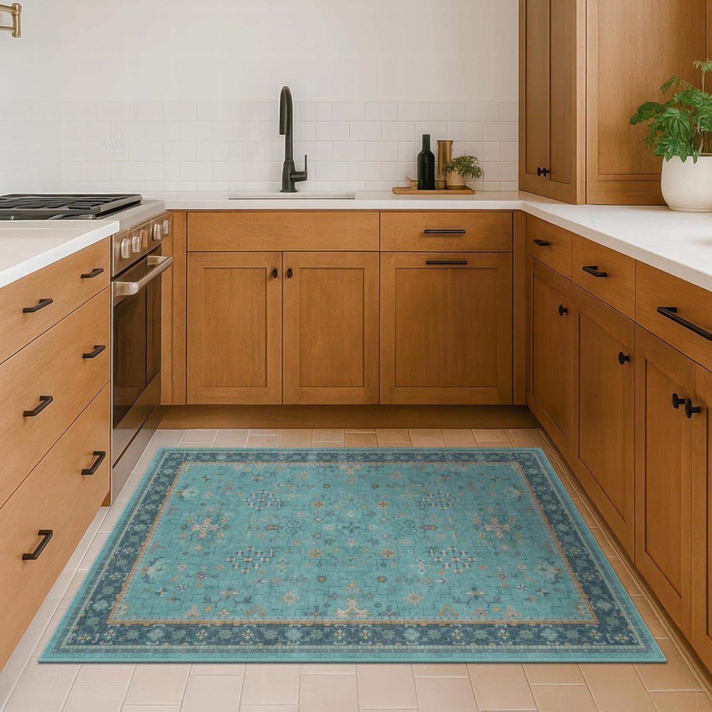 Skiennix Teal Area Rug - Washable Non-Skid Design for Entryway, Kitchen, Bathroom | Boho Geometric 3x4 ft