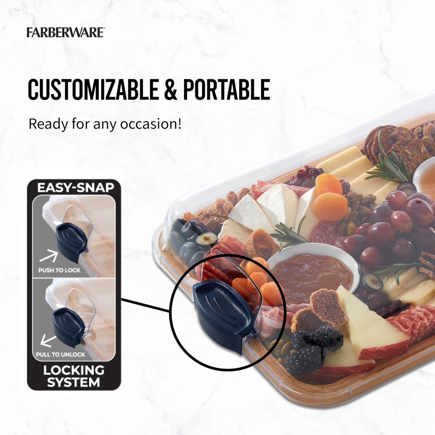 Farberware Build-A-Board Bamboo Cutting Board with Built-in Compartments and Clear Locking Lid with Navy Handles, Perfect for Charcuterie, Snacks, and More - Make it. Take it. Enjoy it, 11x14 Inches