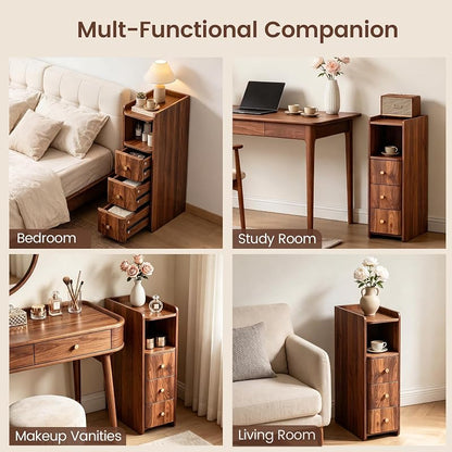 Walnut 3-Drawer Tall Nightstand - 27.56"H Narrow Bedside Storage, 7.87"W, 15.75"D