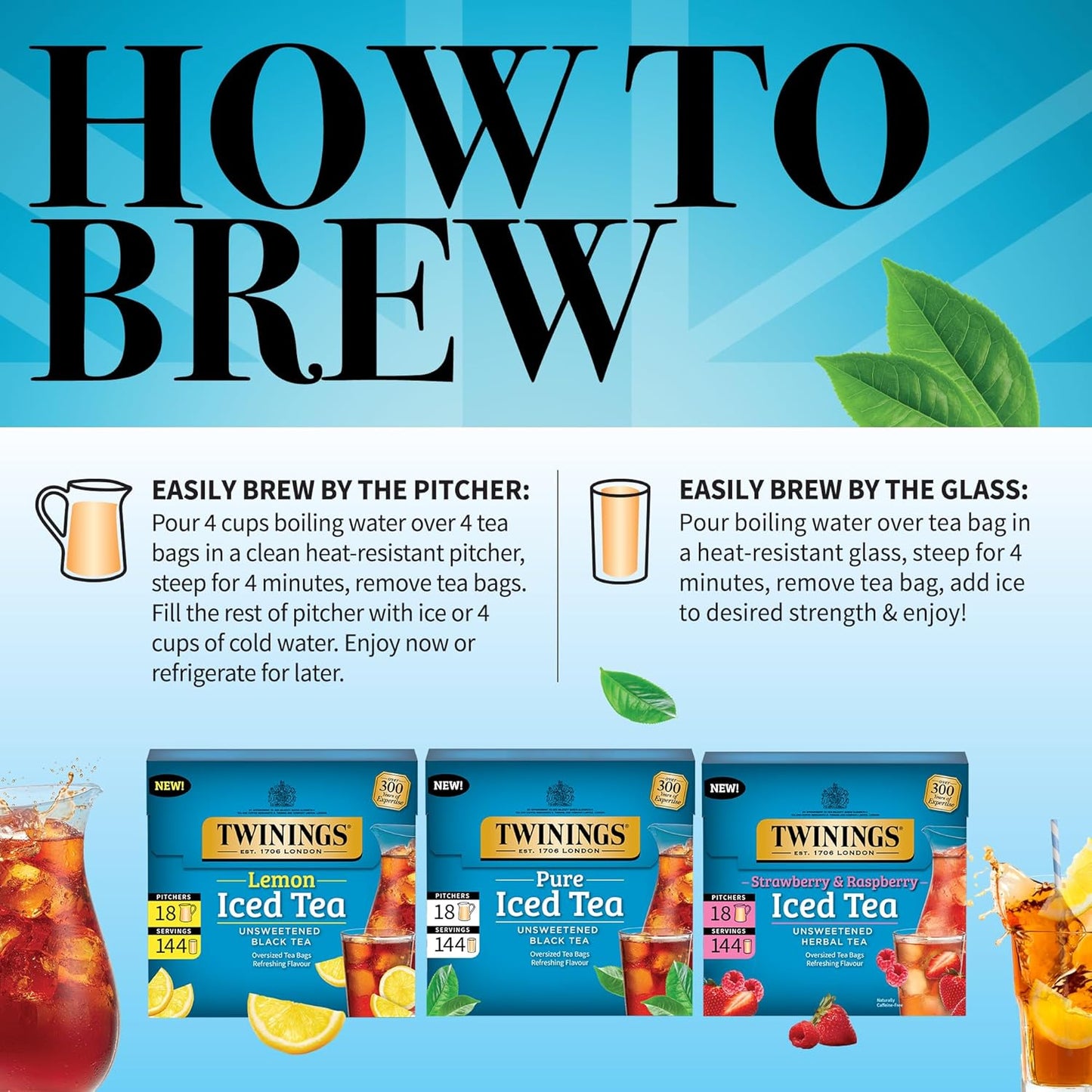 Twinings Iced Tea Variety Pack - 3 Flavors (Black, Lemon Black, Strawberry & Raspberry) | 72 Count, Unsweetened, Caffeinated
