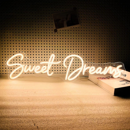 Sweet Dreams Neon Sign Wall Art Decor - 25"x6.4" Sweet Dreams Farmhouse Signs for Hanging Above Bed Wall Decor for Bedroom (Warm White)