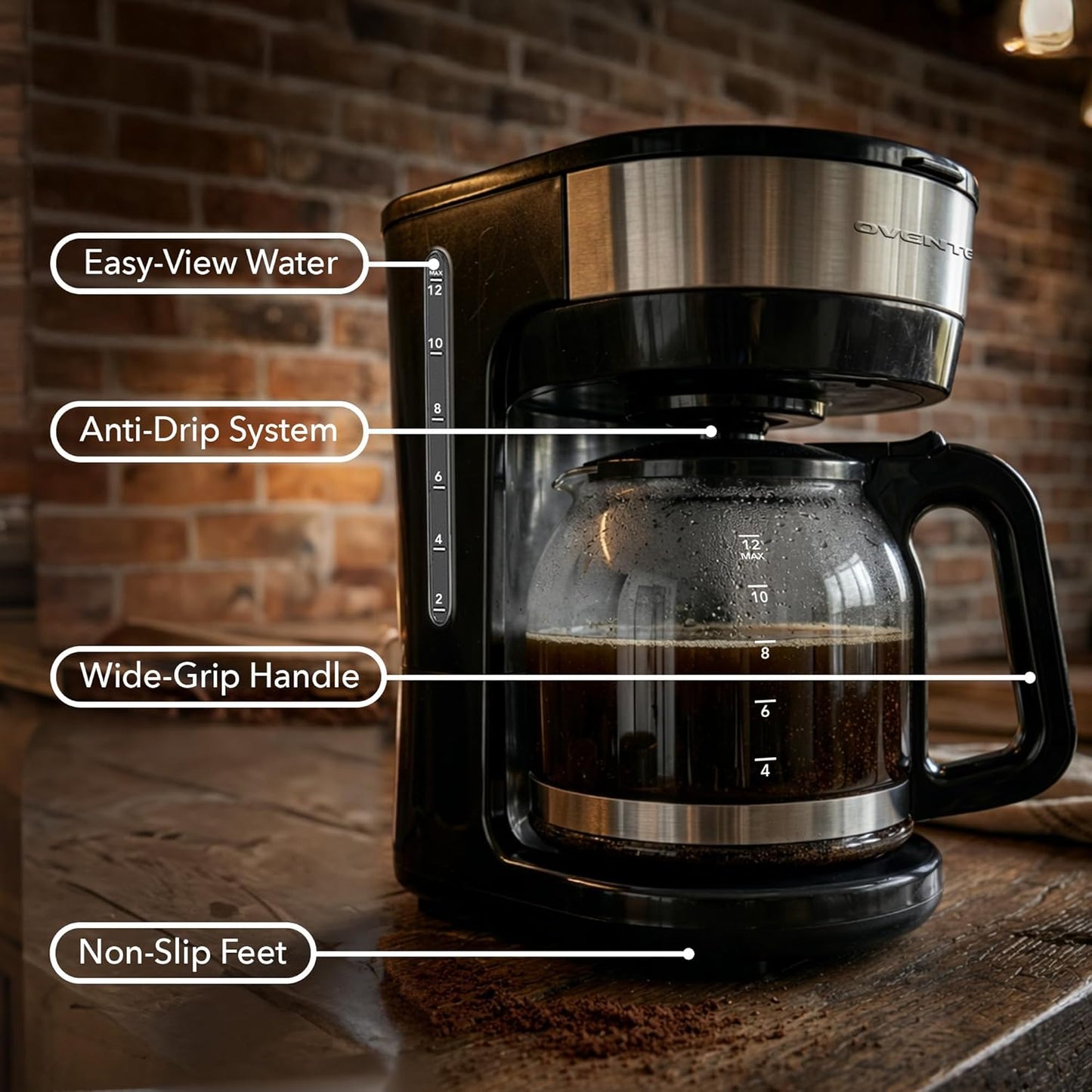 OVENTE 12-Cup Drip Coffee Maker - One-Touch Operation, Anti-Drip System, Black | Borosilicate Glass Carafe