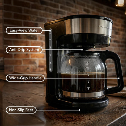OVENTE 12-Cup Drip Coffee Maker - One-Touch Operation, Anti-Drip System, Black | Borosilicate Glass Carafe