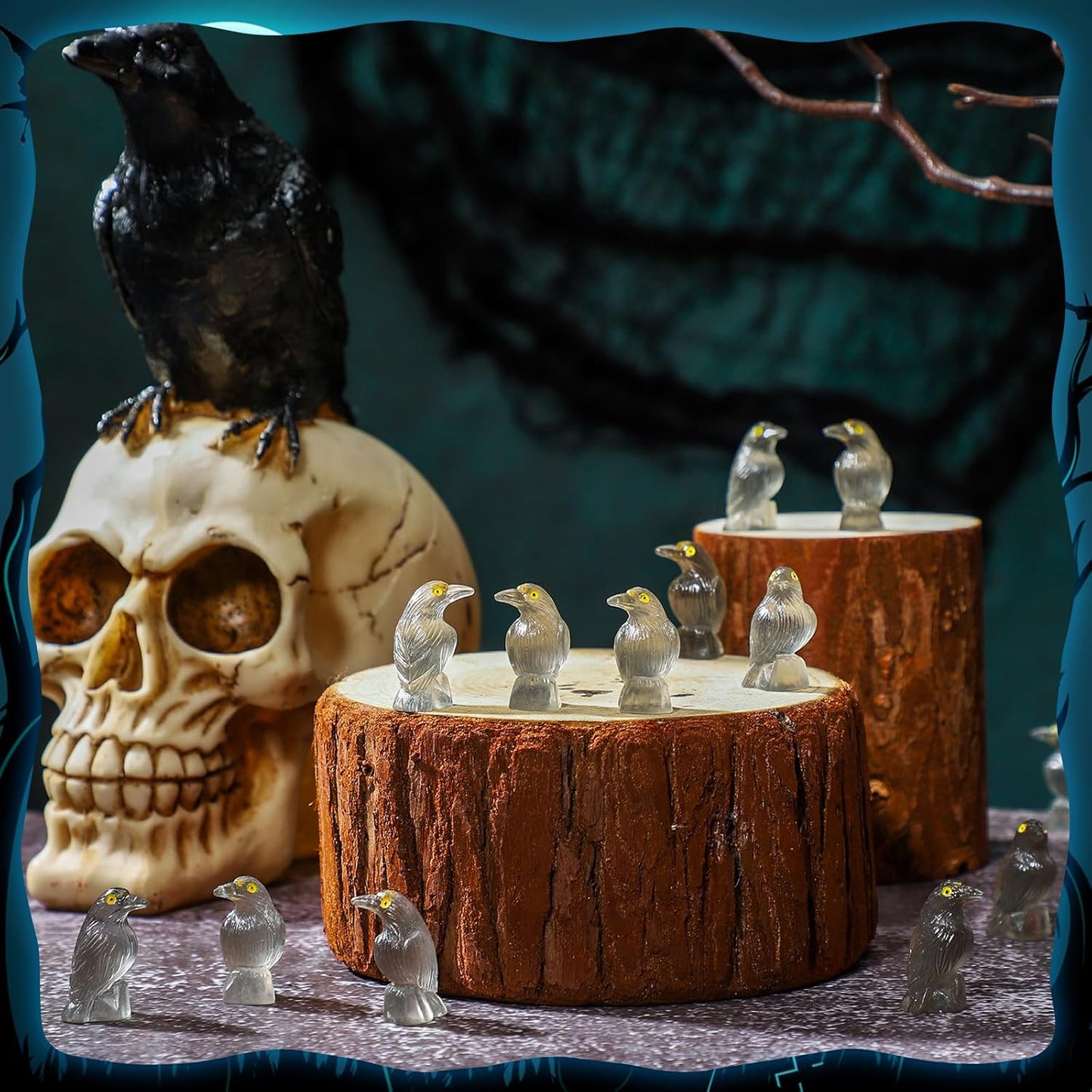 Skiennix Halloween Miniature Crows - Luminous Resin Figurines for Spooky Decor | 100 Pcs Glow in The Dark