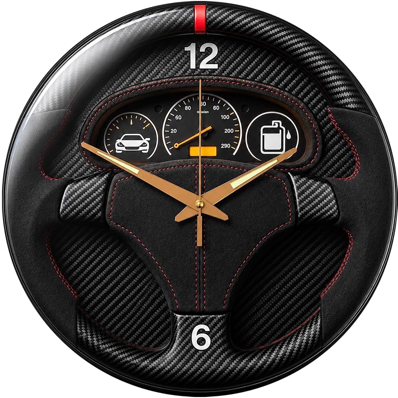 Garage Car Wall Clock - Black Sports Dashboard Style, Luminous Hands, 12 Inch