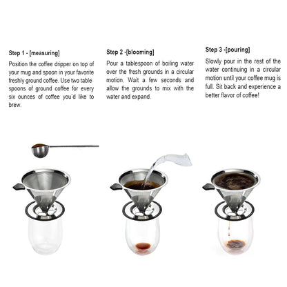 Stainless Steel Pour Over Coffee Cone Dripper with Cup Stand - Paperless and Reusable - Ultra Fine Micro Mesh Filter - BONUS: Coffee Scooping Spoon + Cleaning Brush - [1-4 Cup]