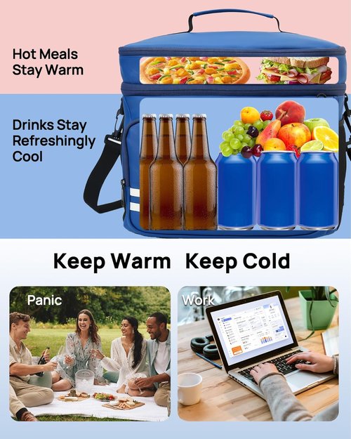Insulated Lunch Box - 26L X-Large Leak-Proof Cooler Bag with Adjustable Strap | Ideal for Work, Picnic, Travel - Blue