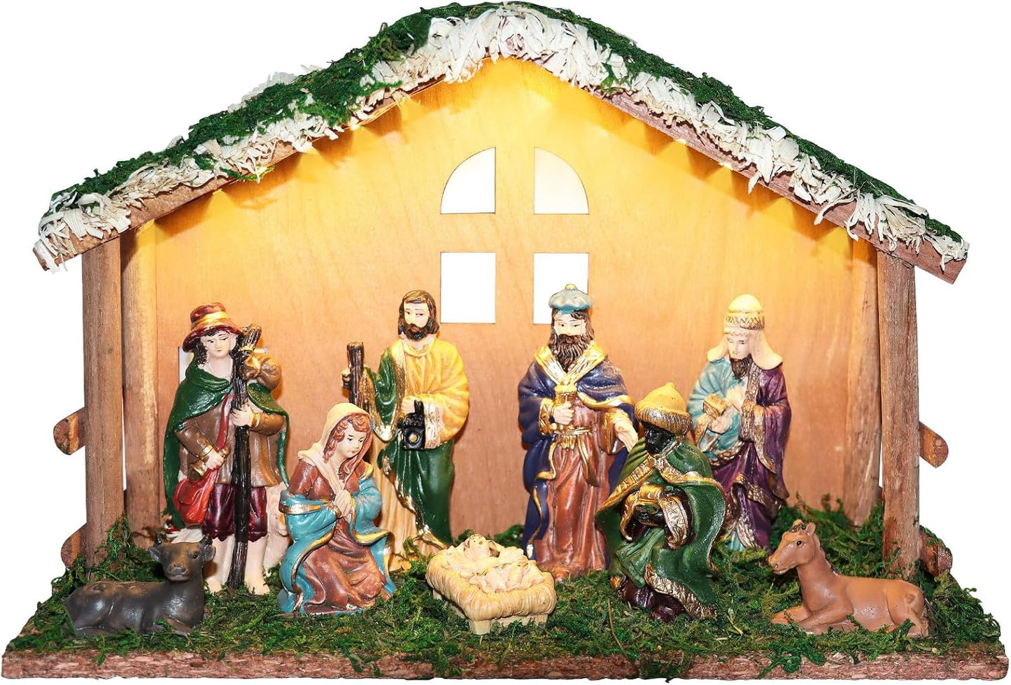 Regine Switzerland Lighted Christmas Nativity Set - Indoor Wooden Stable & Figures for Festive Tabletop Decor