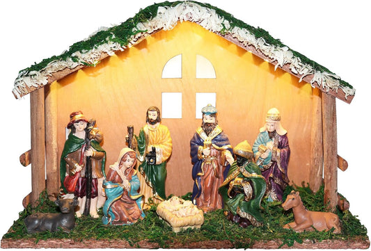 Regine Switzerland Lighted Christmas Nativity Set - Indoor Wooden Stable & Figures for Festive Tabletop Decor
