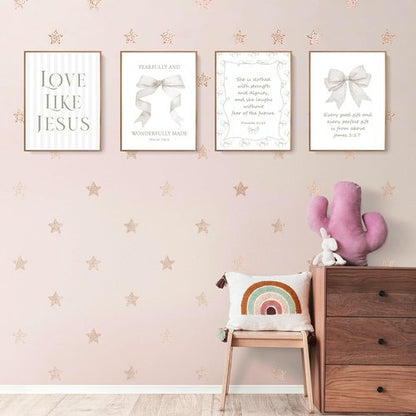LARTSFRO Coquette Beige Bow Wall Art Decor - Inspirational Christian Posters for Teen Girls | 12x16 Inch Set of 4 Unframed