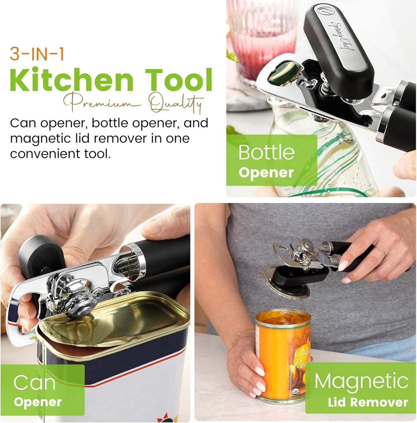 Spring Chef Stainless Steel Can Opener - Heavy Duty Manual Design with Soft Grip Handles - Black