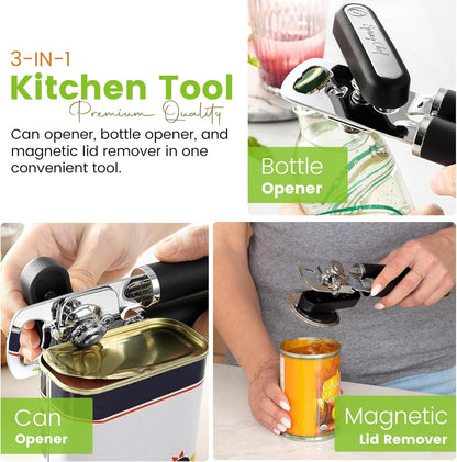 Spring Chef Stainless Steel Can Opener - Heavy Duty Manual Design with Soft Grip Handles - Black